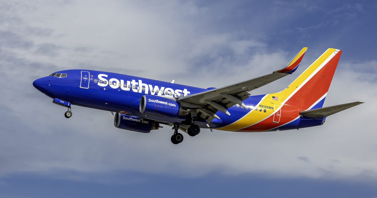 Southwest Airlines Boeing 737-700 on approach to land, showing the characteristic under-wing engine placement