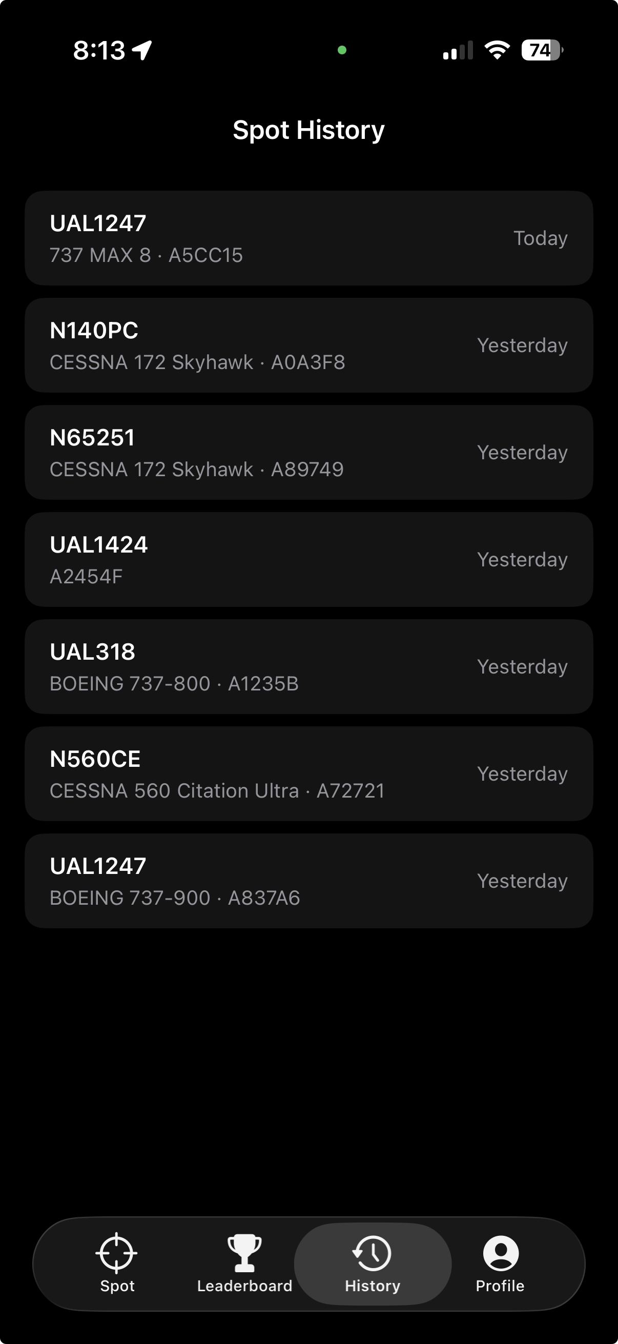 SkySpottr spotting history