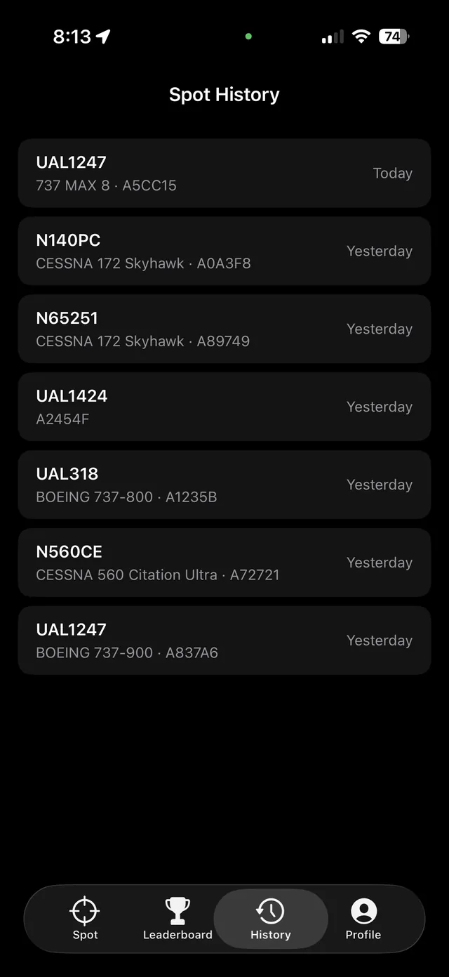 Spot History screen